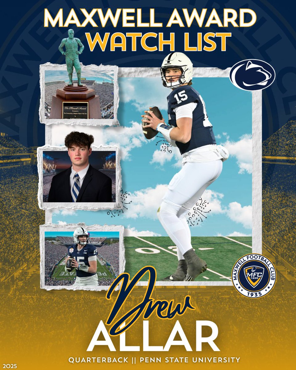 Maxwell Football (@maxwellfootball) on Twitter photo 🏈 <a href="/PennStateFball/">Penn State Football</a> ‘s <a href="/AllarDrew/">Drew Allar</a> has been named to the #MaxwellAward Watch List! 🏆
#MaxwellFootball 🏈 <a href="/PennStateFball/">Penn State Football</a> ‘s <a href="/AllarDrew/">Drew Allar</a> has been named to the #MaxwellAward Watch List! 🏆
#MaxwellFootball