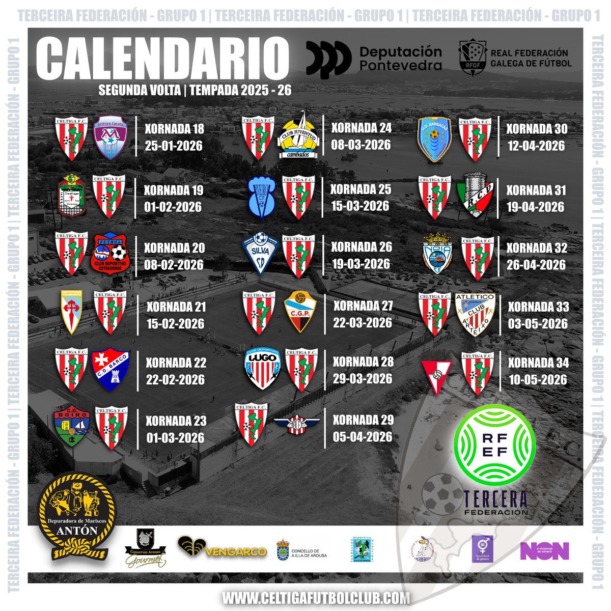 Celtiga F.C (@fcceltiga) on Twitter photo 🎉⚽ XA TEMOS CALENDARIO! ⚽🎉
💥 Tempada 25/26 – Terceira Federación – Grupo 1 💥
🟥⬜ O Céltiga xa sabe o camiño... e ti tamén!
🗓 Anota, marca en vermello, grita, avisa á familia, cancela vodas e bautizos se fai falta...
Este ano, cada xornada é unha cita co corazón! 🎉⚽ XA TEMOS CALENDARIO! ⚽🎉
💥 Tempada 25/26 – Terceira Federación – Grupo 1 💥
🟥⬜ O Céltiga xa sabe o camiño... e ti tamén!
🗓 Anota, marca en vermello, grita, avisa á familia, cancela vodas e bautizos se fai falta...
Este ano, cada xornada é unha cita co corazón!