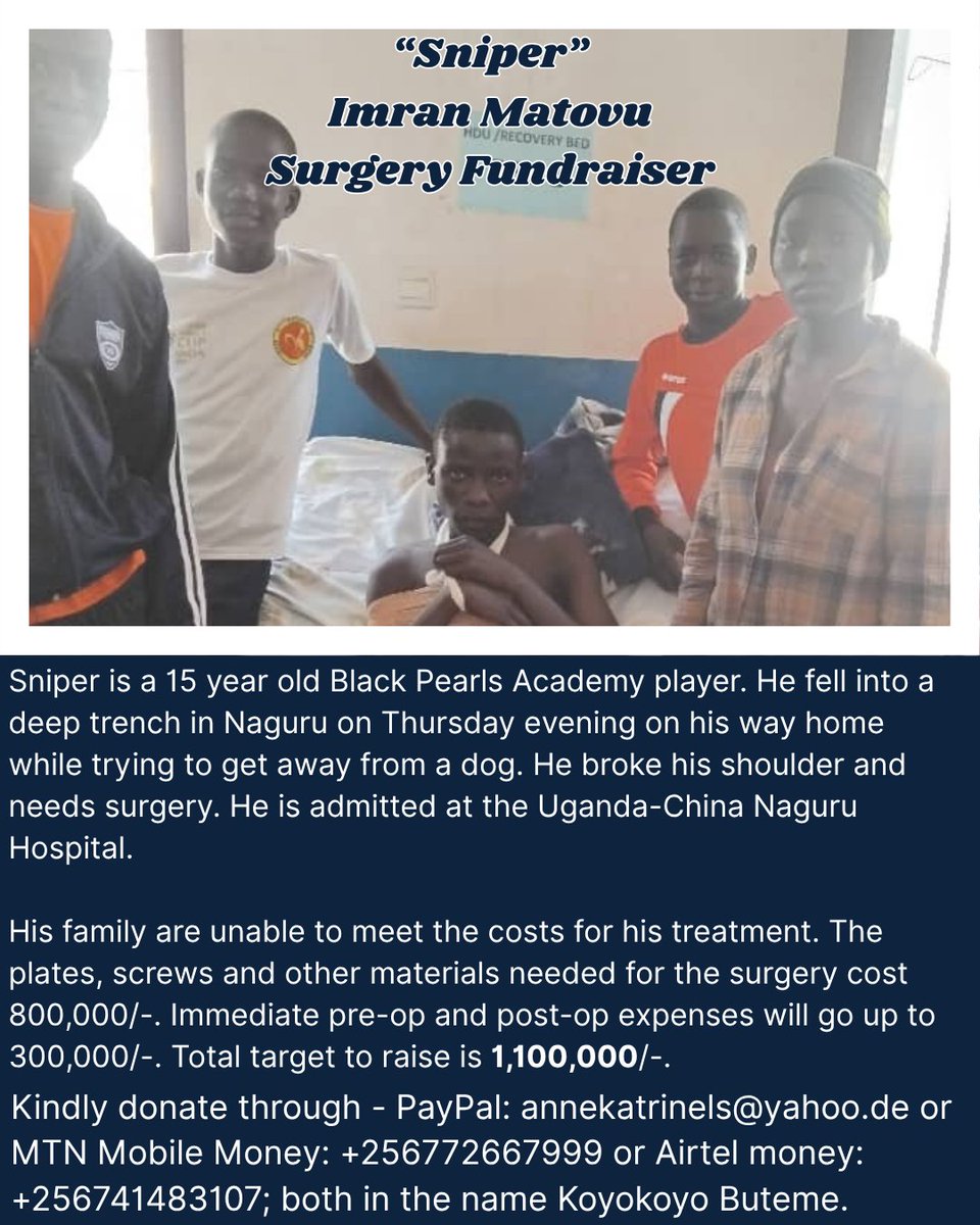 Sniper fundraiser UPDATE

Donations from Eramus Aredo, Rhiana Lewis, Gabriel Aredo, Immaculate Ninsiima, Mary Akello, Charlotte Mudoola, Frank Kidega, Flavia Agenorwot &amp; an unnamed donor bring us to 1,112,838/-. 🥳👏🏾 Thanks! We did it! 🤗 Sniper will have his surgery tomorrow! ☺️