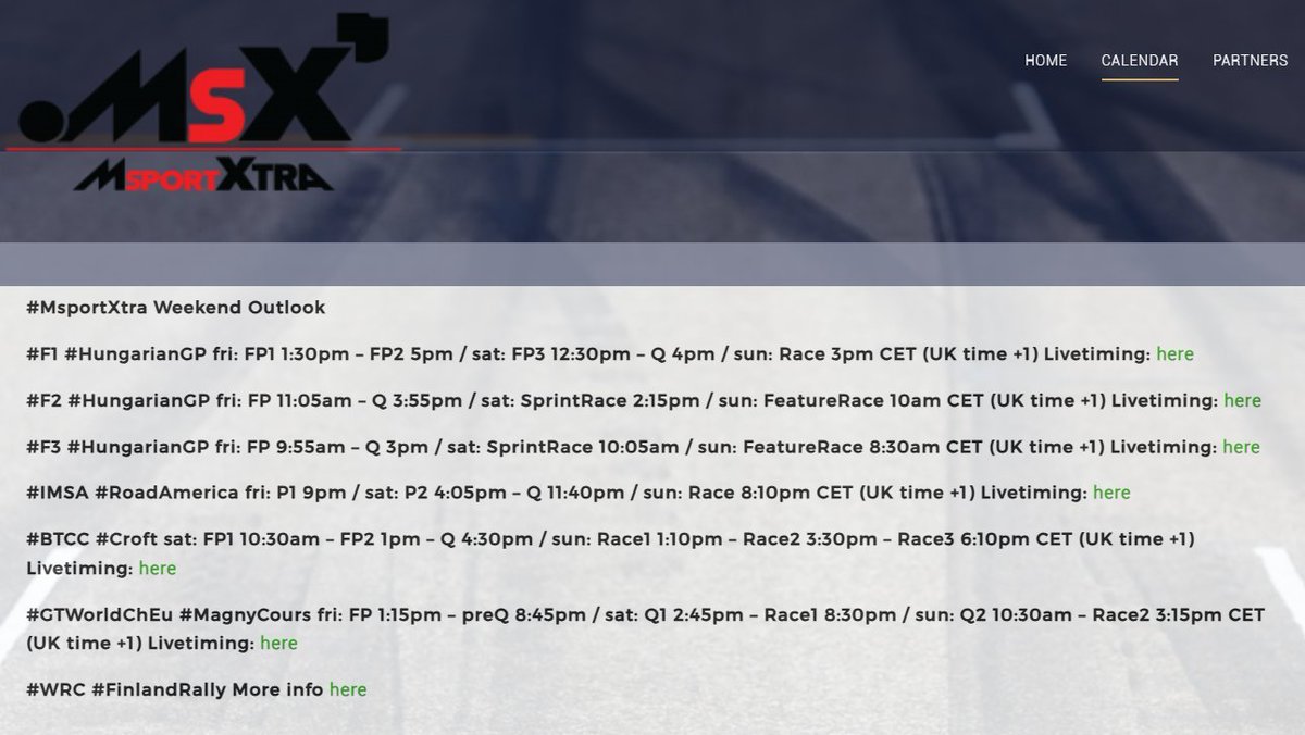 MsportXtra's tweet image. It&apos;s (another) #RACEWEEK !! This time with... 
#F1 , #F2 &amp;amp; #F3 visit @HungaroringF1 . 
#BTCC hit @Croft_Circuit . 
#GTWorldChEu go to @MagnyCoursTrack . 
#IMSA battle it out at @roadamerica . 
#WRC rally #Finland . 
More at msportxtra.com/calendar/ !! 
#MsportXtra