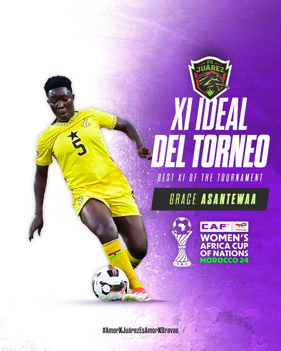 FC Juárez Femenil 🛸 (@femenilfcjuarez) on Twitter photo ¡Afición!💚
Nuestra jugadora Grace Asantewaa fue elegida para formar parte del Xl ideal de la <a href="/CAFwomen/">CAF Women’s Football</a> 🏆
¡Felicidades, Grace!🐎👏🏻 Ya queremos verte portando de nuevo nuestros colores💚🫶🏻 ¡Afición!💚
Nuestra jugadora Grace Asantewaa fue elegida para formar parte del Xl ideal de la <a href="/CAFwomen/">CAF Women’s Football</a> 🏆
¡Felicidades, Grace!🐎👏🏻 Ya queremos verte portando de nuevo nuestros colores💚🫶🏻