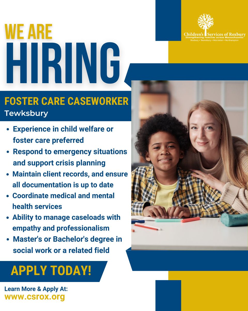 #CSRMakeAMoveMondays: We're hiring a Foster Care Case Worker to join our Tewksbury team! In this full-time role, you'll play a vital part in supporting foster children and families through compassionate case management. Apply today! bit.ly/FC_CaseWorker_…
