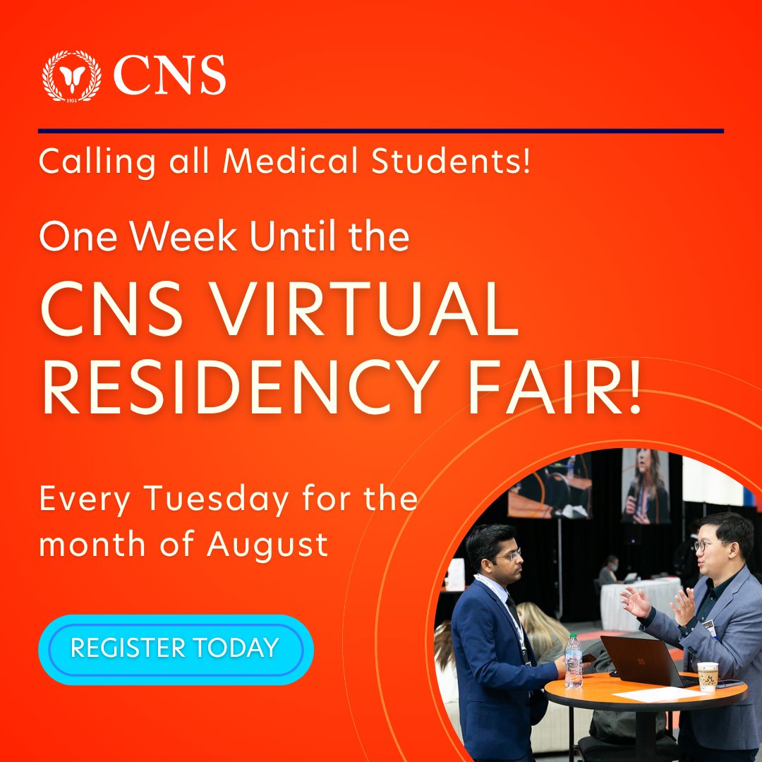 #MedStudents—join us for the CNS Virtual Residency Fair next starting next week! As part of CNS' Neurosurgery Residency Month, connect with leading programs every Tuesday through focused 15-min virtual sessions with the opportunity to as questions via chat. Check out the programs