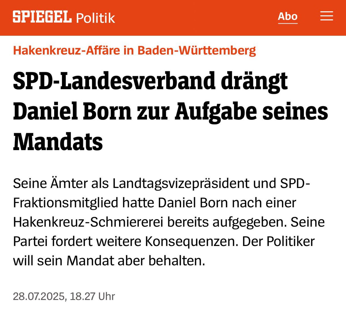 StechAir's tweet image. Wenn die SPD einen Ex-Kanzler für ein Gazprom-Dinner rauswirft, aber bei Hakenkreuz-Schmierern noch hofft – statt handelt –, ist das nicht nur borniert, sondern brandgefährlich.
#Born #SPD #Doppelmoral #Anstand
