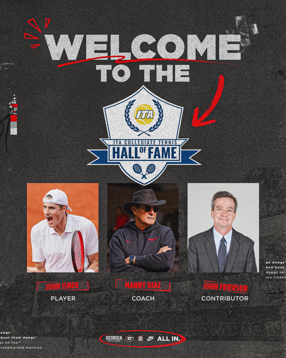 Triple honors ⭐️⭐️⭐️

Former Bulldog coach Manny Diaz, 2005 NCAA doubles champion John Isner and current ITA Men’s Hall of Fame curator John Frierson have been named to the ITA Men’s Collegiate Tennis Hall of Fame Class of 2026!

#GoDawgs
