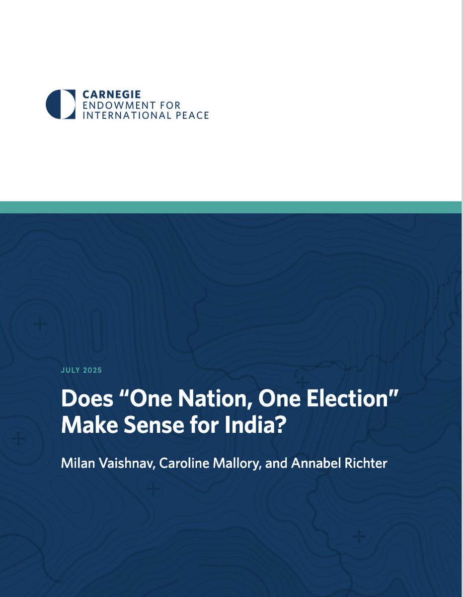 Milan Vaishnav (@milanv) on Twitter photo 1/ New <a href="/CarnegieEndow/">Carnegie Endowment</a> paper from Caroline Mallory, Annabel Richter + me: "Does 'One Nation, One Election' Make Sense for India?"
We analyze the government’s legislative proposal for holding simultaneous elections in India, currently being reviewed by a joint parliamentary cmte. 1/ New <a href="/CarnegieEndow/">Carnegie Endowment</a> paper from Caroline Mallory, Annabel Richter + me: "Does 'One Nation, One Election' Make Sense for India?"
We analyze the government’s legislative proposal for holding simultaneous elections in India, currently being reviewed by a joint parliamentary cmte.