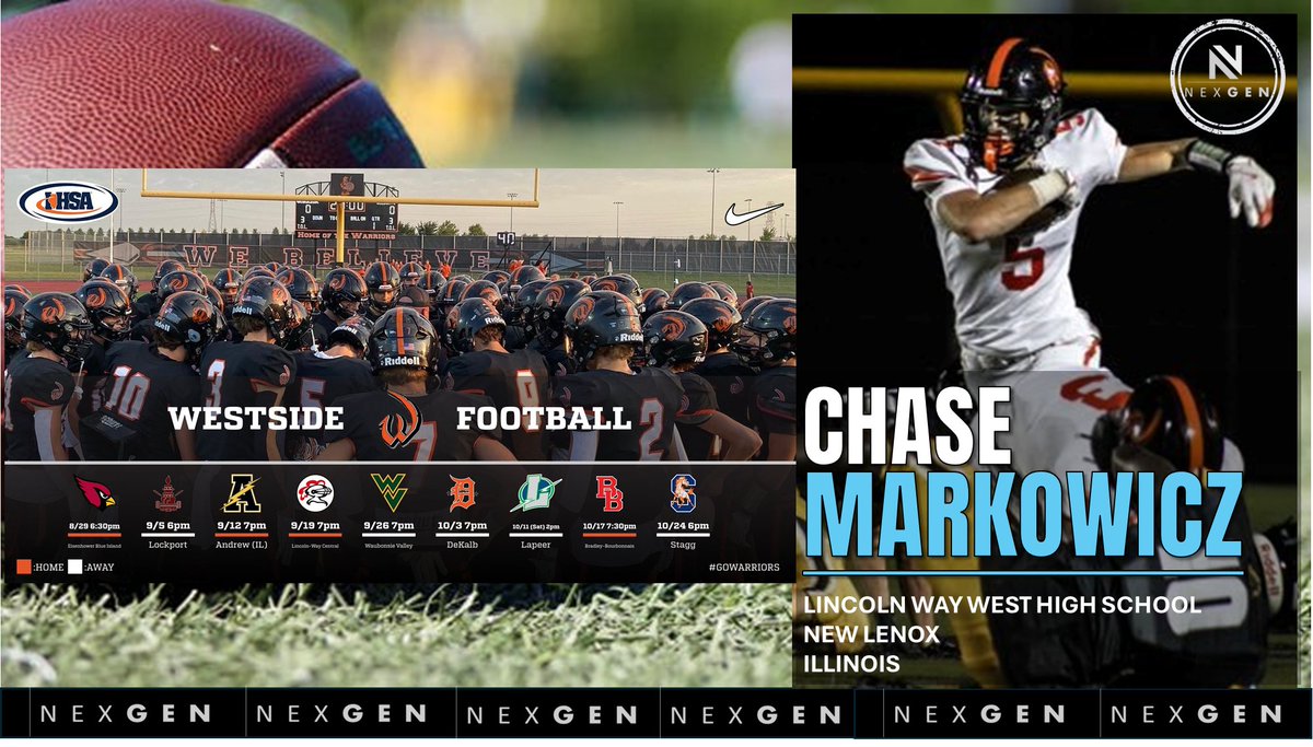 nexgenscouting's tweet image. ▶️2025 Friday Night Lights
✅WR/DB/ATH Chase Markowicz @Chase_Marko23
✅Lincoln-Way West @LWWestWarriorFB
New Lenox (IL)
8/29 Eisenhower Blue Island
9/5 at Lockport
9/12 Andrew
9/19 Lincoln-Way Central
9/26 at Waubonsie Valley
10/3 at DeKalb
10/17 Bradley-Bourbonnais
10/24 at…