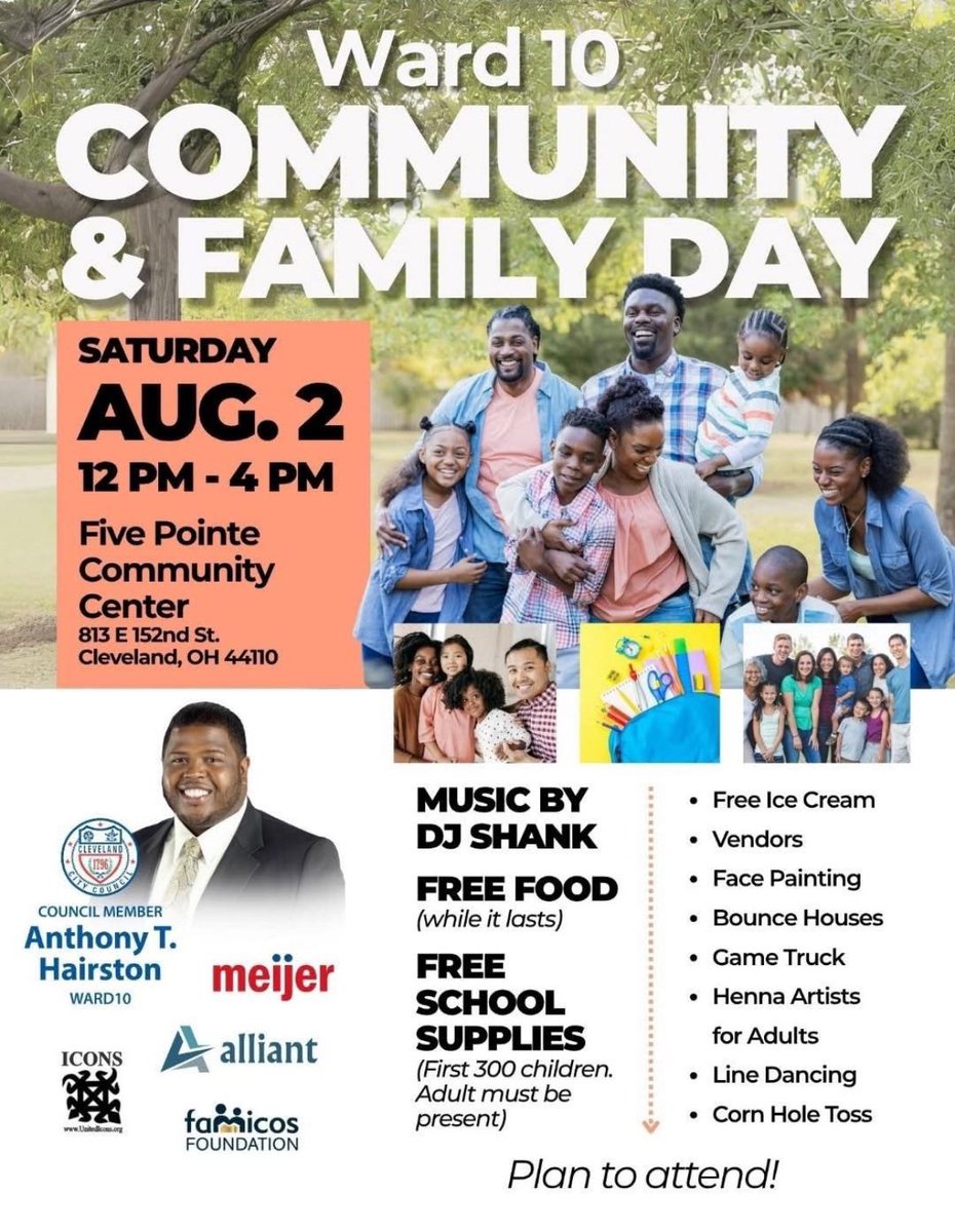Councilman Hairston (@hairstonccc10) on Twitter photo 🎉 Join <a href="/CleCityCouncil/">CleCityCouncil</a> Councilman Anthony Hairston for Ward 10 Community & Family Day on August 2!
🎈Food, fun, music & resources for the whole family!
📍Bring the kids, bring a neighbor—let’s celebrate community together.
#Ward10Strong #CommunityFirst 🎉 Join <a href="/CleCityCouncil/">CleCityCouncil</a> Councilman Anthony Hairston for Ward 10 Community & Family Day on August 2!
🎈Food, fun, music & resources for the whole family!
📍Bring the kids, bring a neighbor—let’s celebrate community together.
#Ward10Strong #CommunityFirst