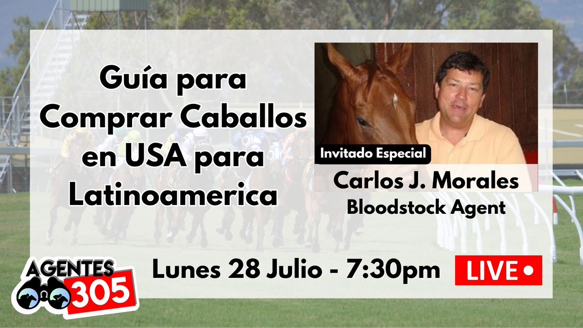 Programa Especial En vivo - Esta Noche Lunes 28 de Julio - 7:30pm EST

Conversamos con CARLOS J. MORALES, bloodstock agent, quién compartirá con todos su experiencia y recomendaciones en cuanto a todo lo relacionado con la compra de Caballos en USA para Latinoamérica.

Programa