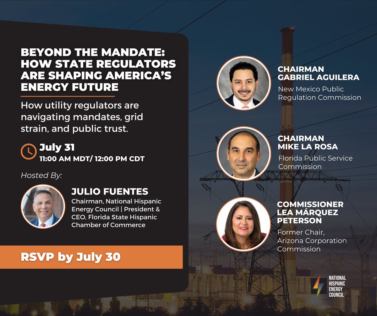 Energy policy affects your power bill, grid reliability, and community access — especially for Hispanic families.

⏰ Just 3 days away: Regulators from FL, NM &amp; AZ share real solutions. 

🕚 July 31 @ 11:00 MDT

🔗 Register → zoom.us/webinar/regist…

#NHEC #EnergyEquity