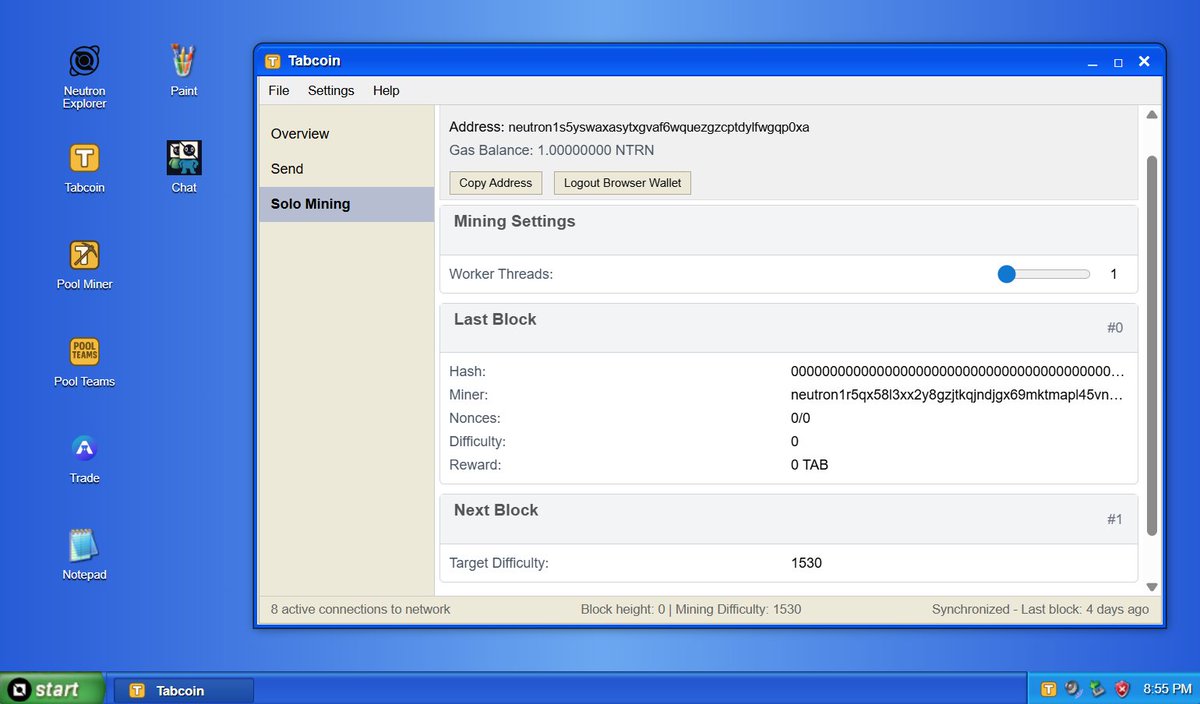Two incredibly cool new apps on Neutron today:

1) TabCo.in
In 24 hours, anyone will be able to start mining $TAB, just like they did back in the early days of $BTC, and right from the classic Windows XP UI too!

$TAB is a new proof of work coin, launching on