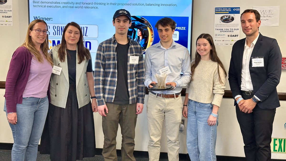 BaskinEng's tweet image. 🎉Congrats to the team of #BaskinEngineering students who tied with UC Merced to win the $3,000 @citrisnews Aviation Excellence Award—part of a competition that challenges UC students to explore aviation and air mobility research and applications! ✈️@RGSanfelice