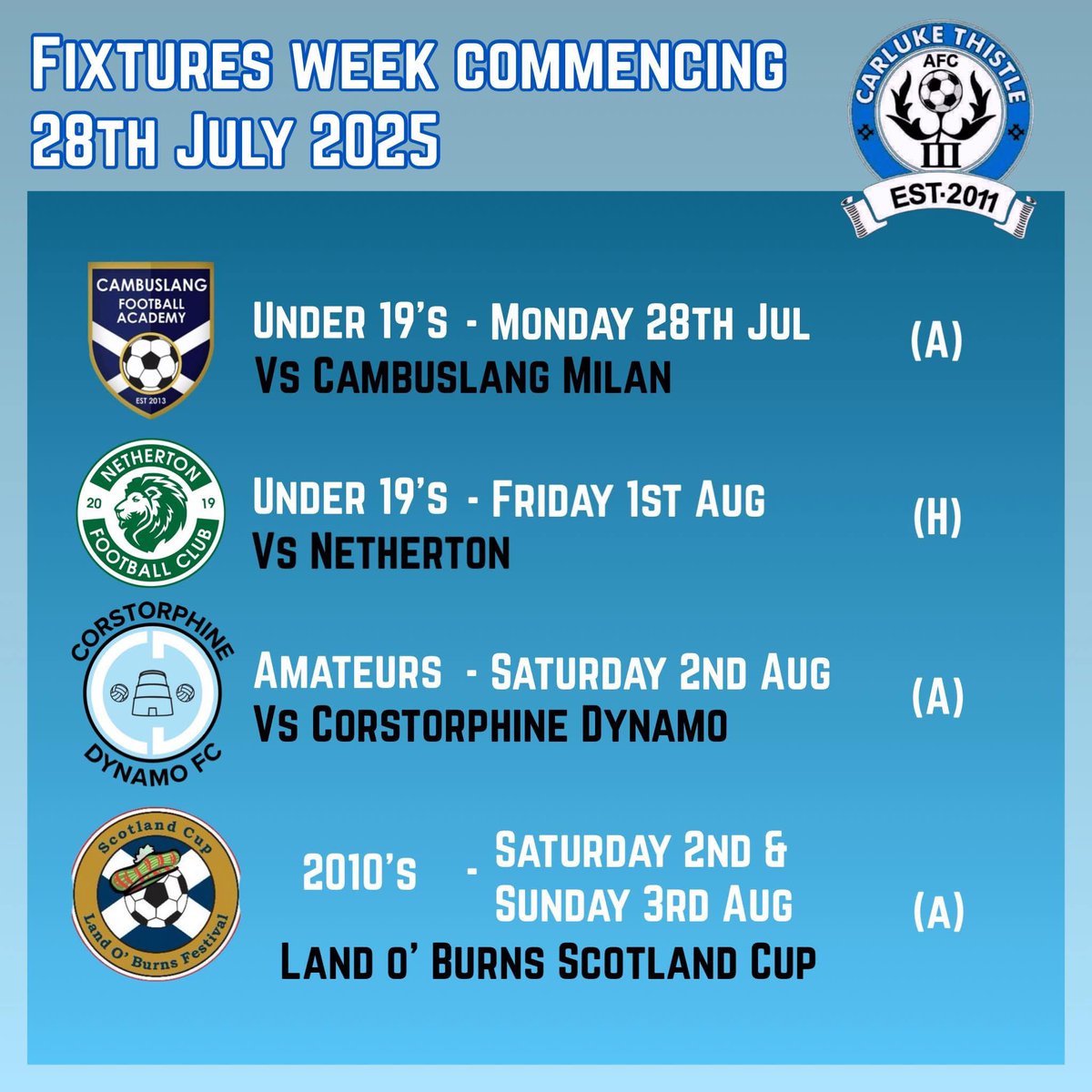 This weeks fixtures for our clubs. MTT ⚽️