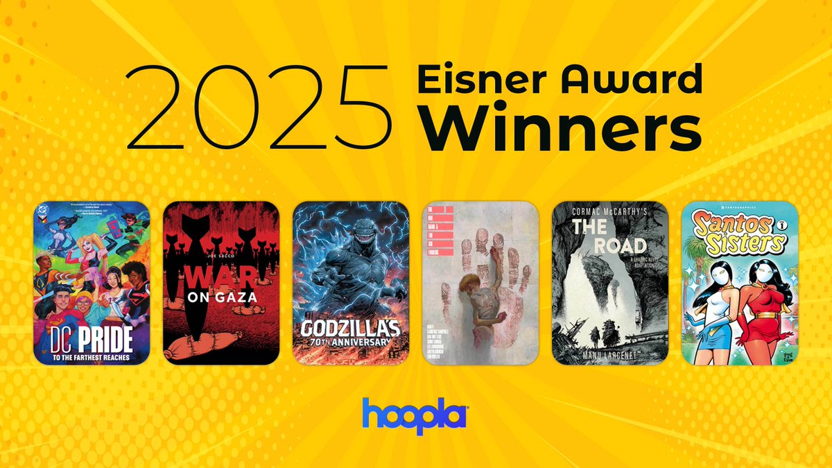 hooplaDigital's tweet image. Celebrate the 2025 Eisner Award winners with Hoopla! 🏆📚 Check out our collection of this year’s best in comics and graphic novels. 💬 hoopla.app.link/z7etDRCpnVb #eisnerawards #comics #freewithlibrarycard #eisner2025