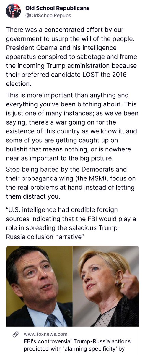 OldSchoolRepubs's tweet image. Barack HUSSEIN Obama tried to rig the 2016 election against Trump & doubled down after Crooked Hillary Clinton LOST.
He weaponized intelligence agencies against a candidate/President-elect, and their fairytales led to multiple investigations & millions of taxpayer dollars spent.