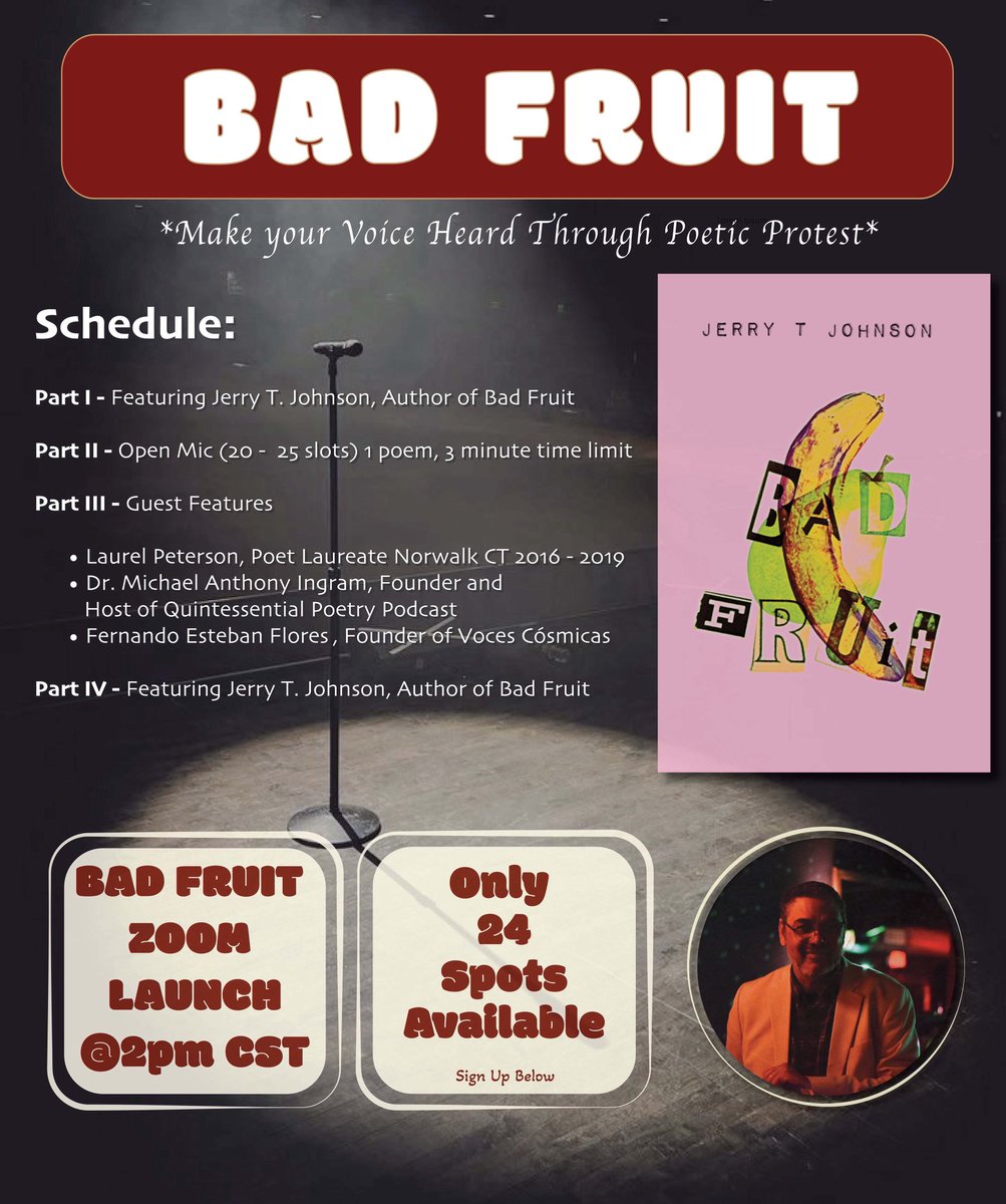 Bad Fruit Zoom launch Aug 2nd @ 2 pm!! Check out this event to have a moment in the spotlight and also meet amazing writers! 

There’s only 24 spots so sign up quickly! 

gnashingteethpublishing.com/jerry-t-johnso… 

#badfruits #event #zoomlaunch #launch #poetry #poems