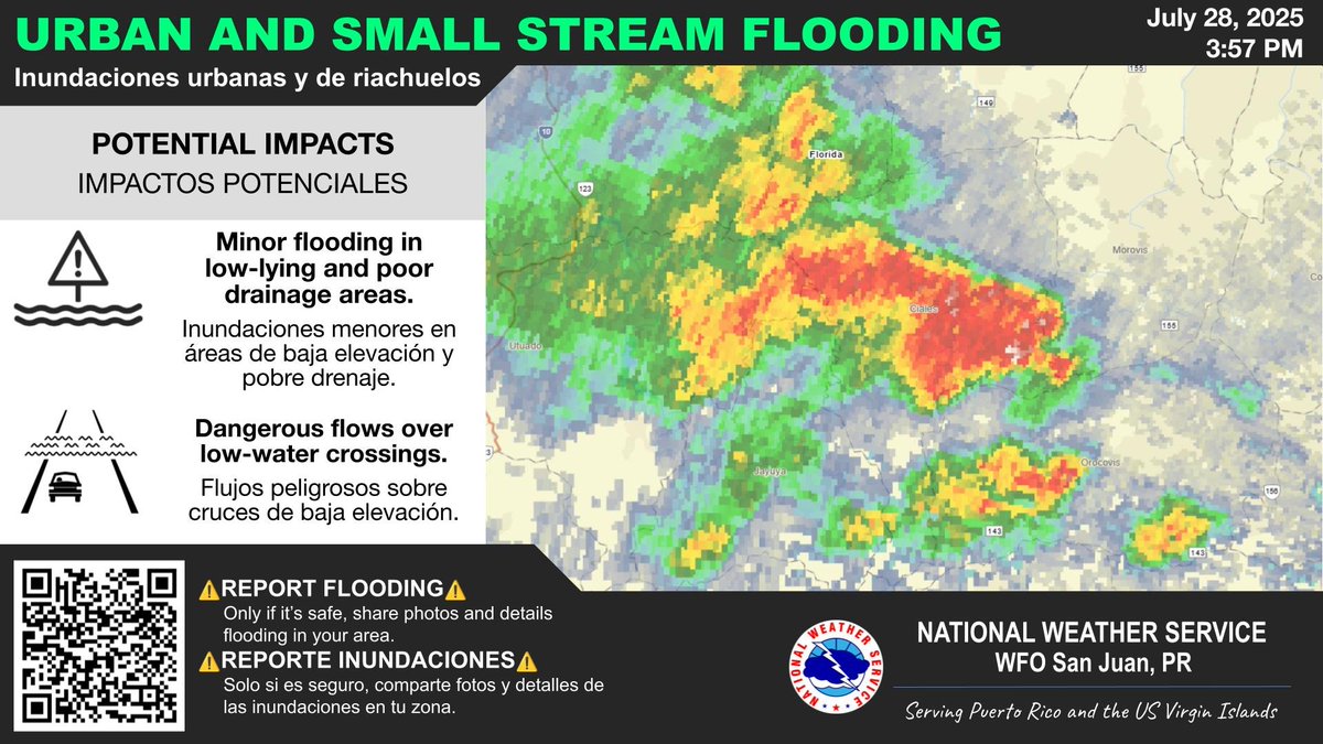 NWSSanJuan's tweet image. ⚠️CIALES, FLORIDA and JAYUYA⚠️
Urban and Small Stream Flood Advisory. | Advertencia de Inundaciones Urbanas y de Riachuelos.
Until | Hasta: 5:45 PM AST Jul 28
#PRwx