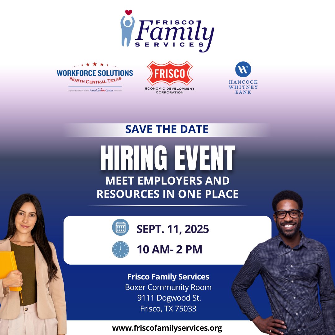 Save the Date!

Amid recent layoffs, we're stepping up.

Join us for our very first  Hiring Event!

🗓 Sept 11 | ⏰ 10AM–2PM
📍 9111 Dogwood St, Frisco

Free to attend. No sign-up. Just show up.

#friscojobs #dfwjobs #hiringevent #jobfair #friscojobfair
