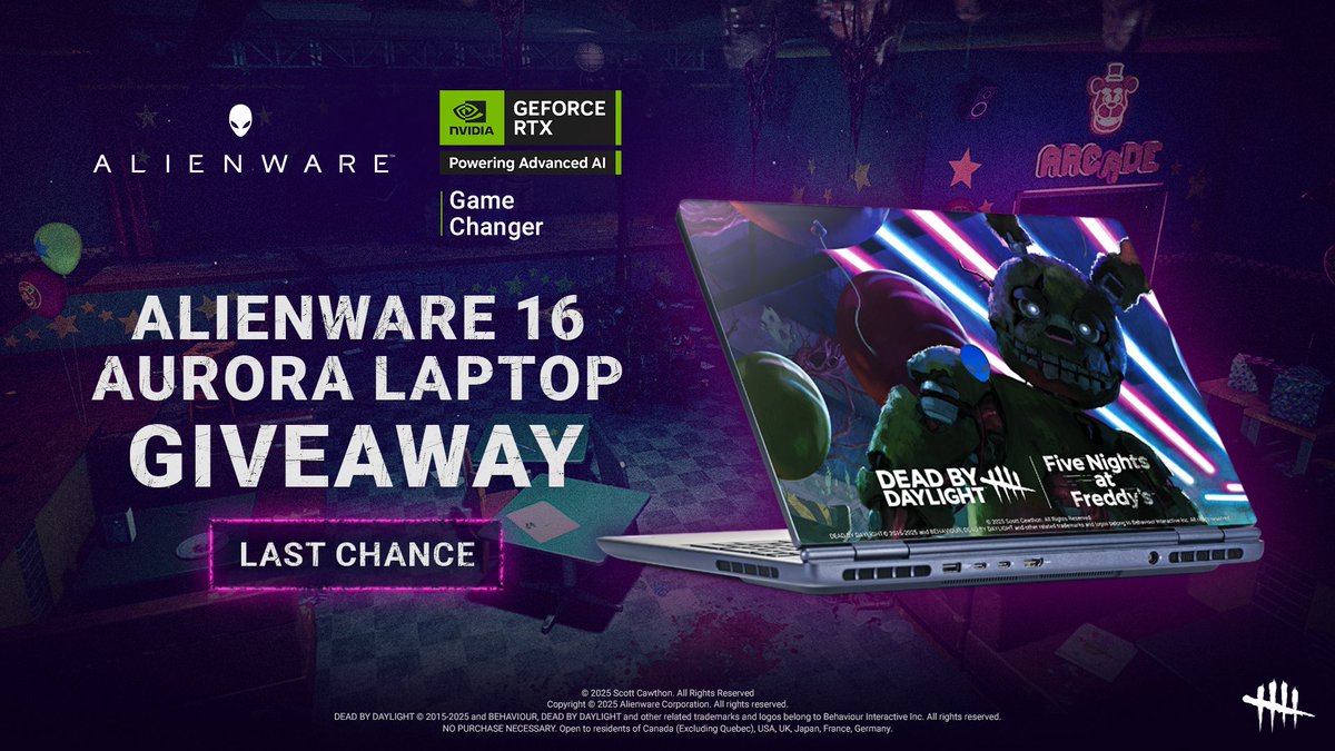 It's the last day to get a chance to win one Skinned Alienware 16 Aurora Gaming Laptop provided by <a href="/Alienware/">ALIENWARE</a> and <a href="/NVIDIAGeForce/">NVIDIA GeForce</a>. US/CA/JP/DE/FR/UK
Check the details 👇
 dbd.game/3TPFgfR