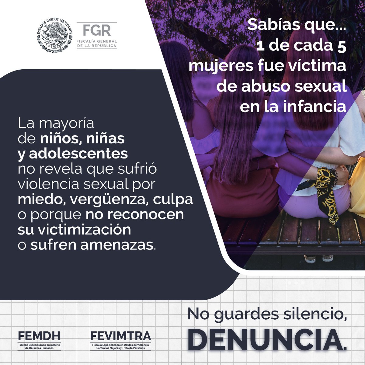 FGRMexico's tweet image. #Comparte. El abuso sexual contra niños, niñas y adolescentes es una de las peores formas de violencia. En la mayoría de los casos, no se denuncia porque las víctimas sienten miedo, vergüenza o culpa. #Infórmate, #Denuncia: #FEVIMTRA.
