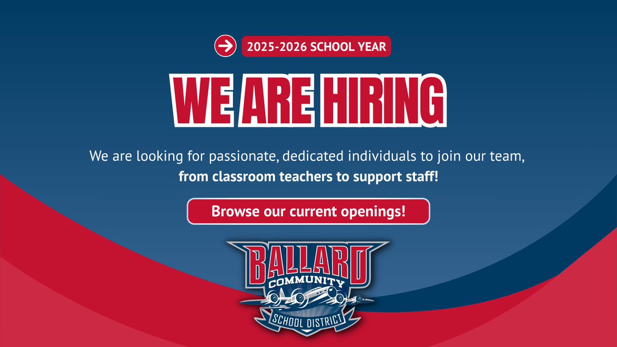 WE’RE HIRING! ⭐

We are looking for passionate, dedicated individuals to join our team for the 2025-26 school year. Browse open positions and apply: applitrack.com/ballardcsd/onl…
