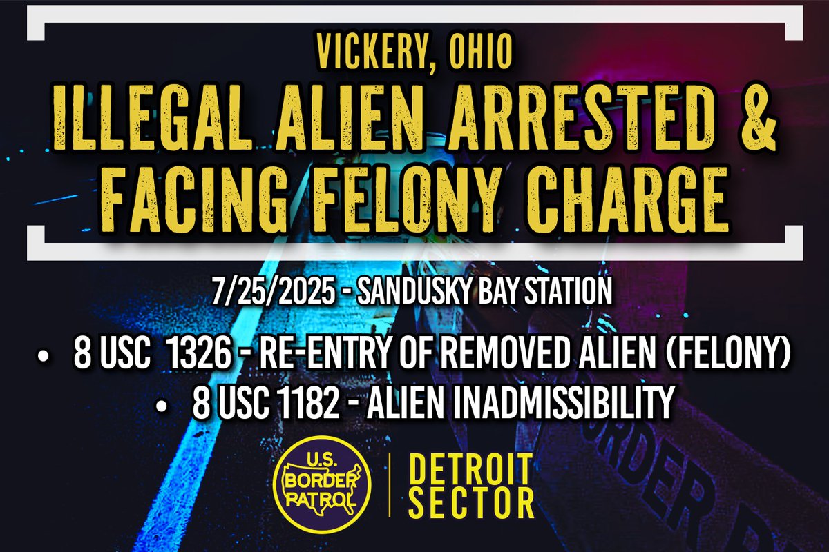 USBPChiefDTM's tweet image. On Friday, Sandusky Bay agents, alongside law enforcement partners, arrested a Honduran illegal alien with a prior removal.  The subject now faces a felony re-entry charge and will be processed for removal from the U.S.

#DetroitSector #BorderProtection #BorderPatrol