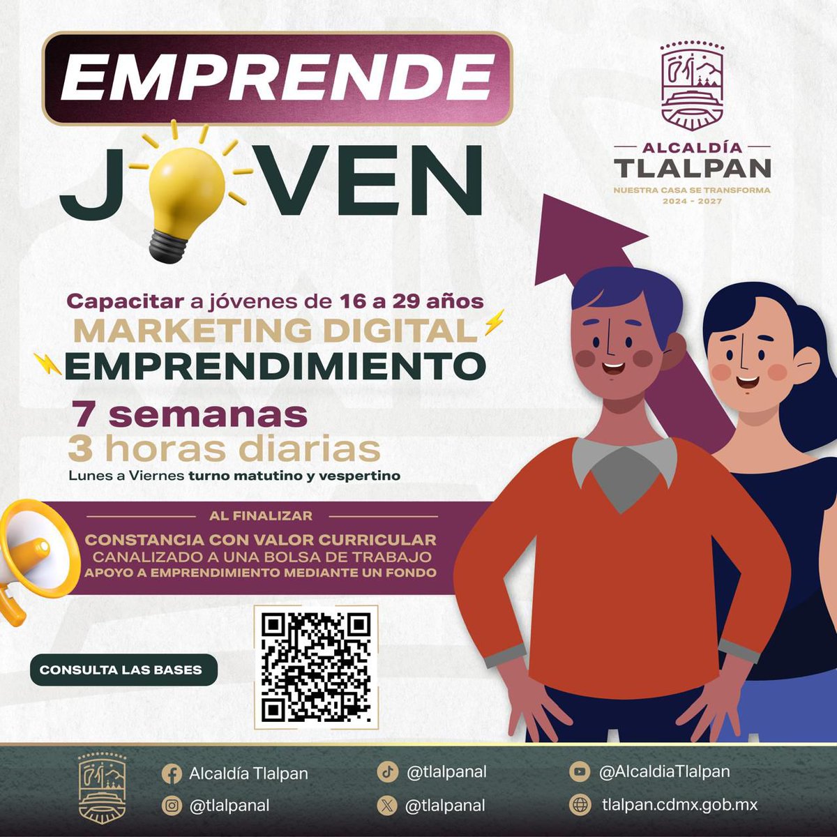¡En Tlalpan impulsamos el talento joven! 💪🏼
Con #EmprendeJoven , capacitamos durante 7 semanas a jóvenes de 16 a 29 años en marketing digital, emprendimiento y habilidades para la vida.

Al finalizar, reciben constancia con valor curricular, acceso a bolsa de trabajo o fondo para