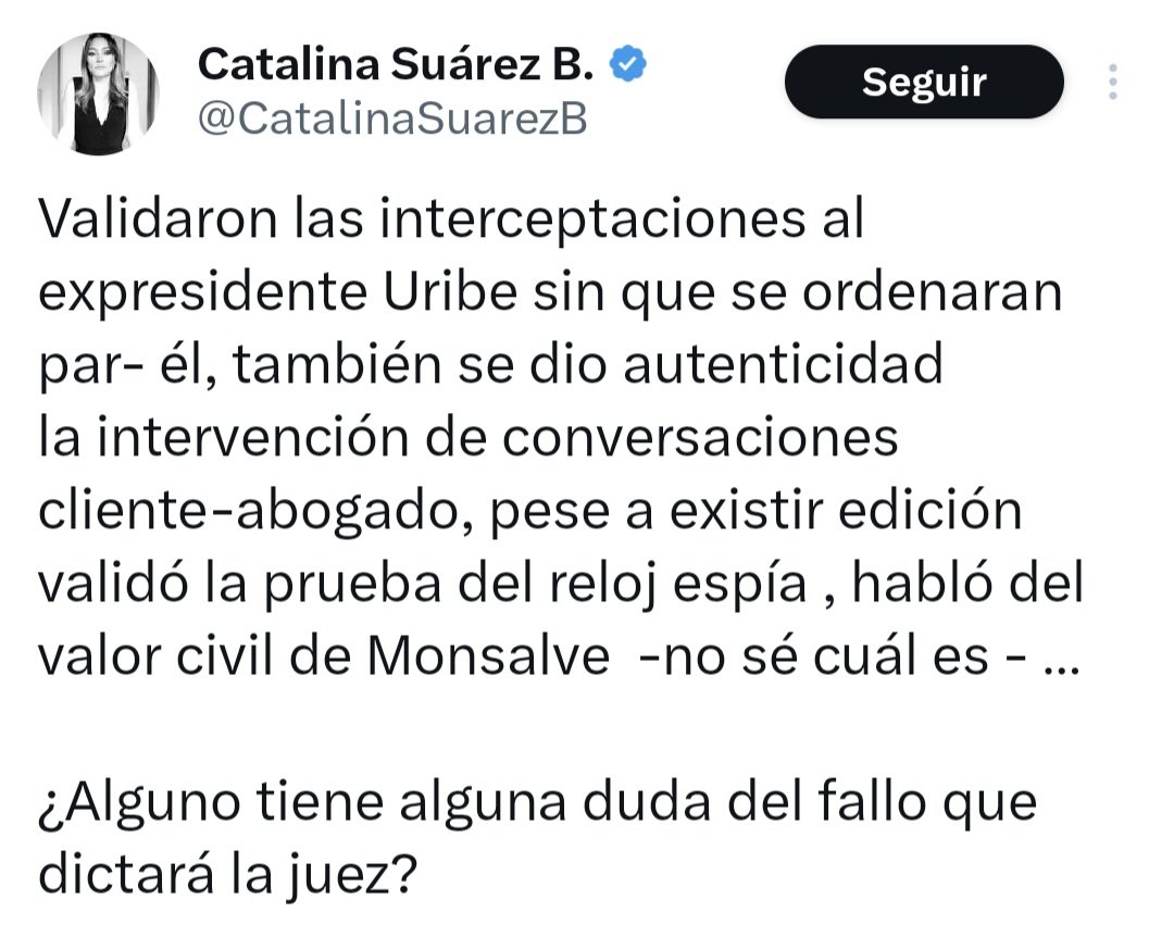 Maicol Cajamarca (@maicajamarca_) on Twitter photo Estimada bodeguera de extrema derecha uribista <a href="/CatalinaSuarezB/">Catalina Suárez B.</a>:
Es claro que por su papel de bodeguera no puede contar las cosas como son, pero como muchas y muchos, yo he estado atento a la audiencia y la Jueza Sandra Heredia está actuando con honestidad, argumentos y Estimada bodeguera de extrema derecha uribista <a href="/CatalinaSuarezB/">Catalina Suárez B.</a>:
Es claro que por su papel de bodeguera no puede contar las cosas como son, pero como muchas y muchos, yo he estado atento a la audiencia y la Jueza Sandra Heredia está actuando con honestidad, argumentos y