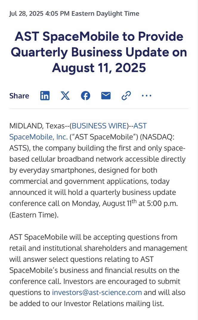 The_SPACTATOR's tweet image. $ASTS: AST SpaceMobile to Provide Quarterly Business Update on August 11, 2025
businesswire.com/news/home/2025…