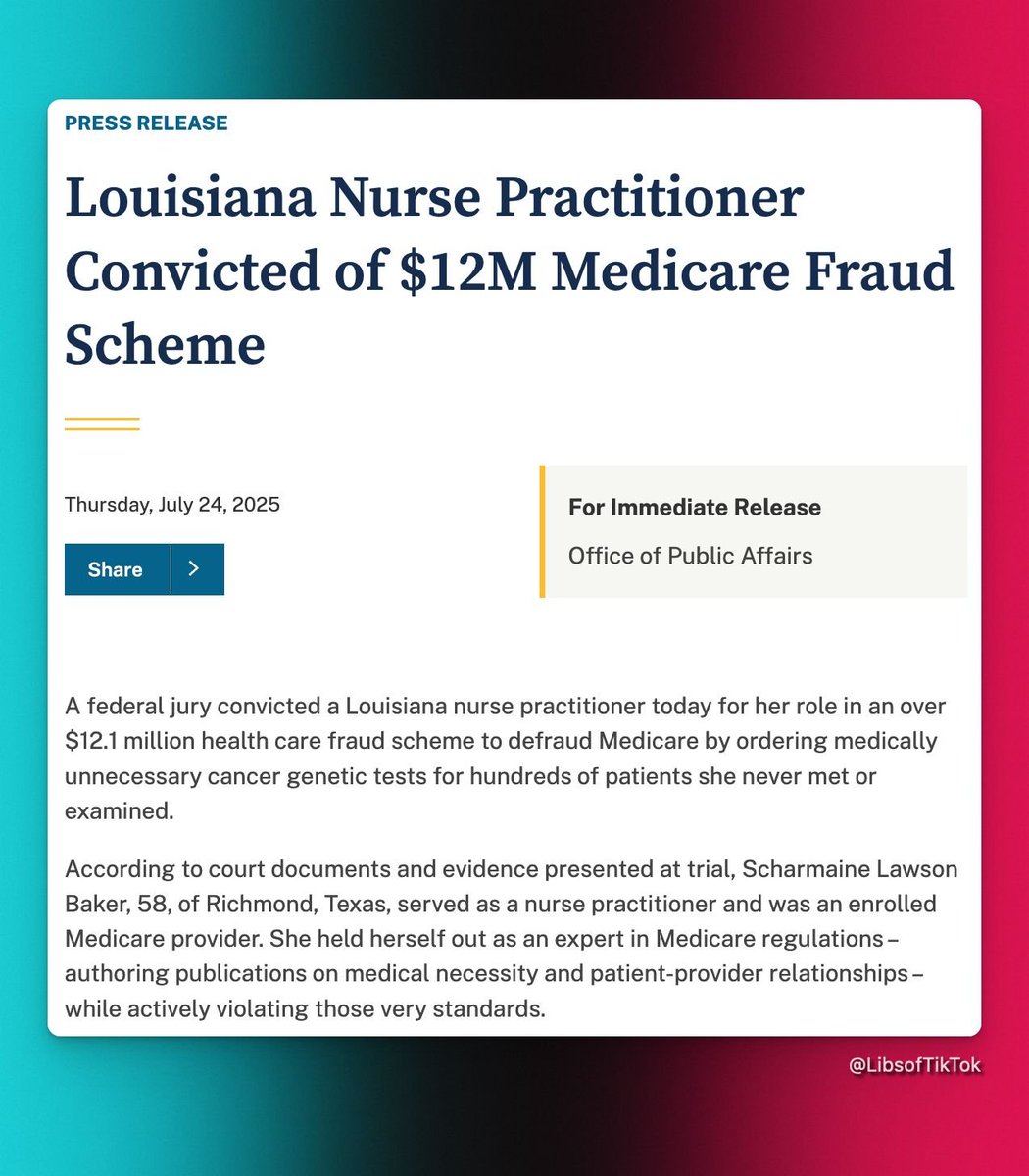 $12 MILLION Medicare Fraud Scheme BUSTED 

Louisiana Nurse Practitioner, Scharmaine Lawson Baker, was convicted after she conducted HUNDREDS of medically unnecessary cancer genetic tests for patients she never met while raking in MILLIONS in kickbacks.

The thing that Democrats
