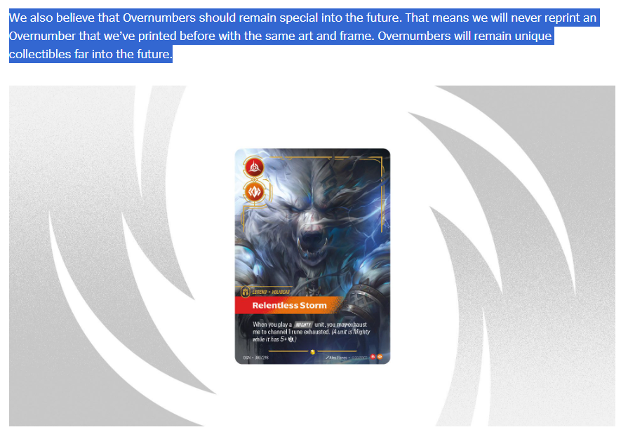 Riot has also confirmed that the Overnumbered cards like the Volibear &  Yasuo we have already seen will never be reprinted!