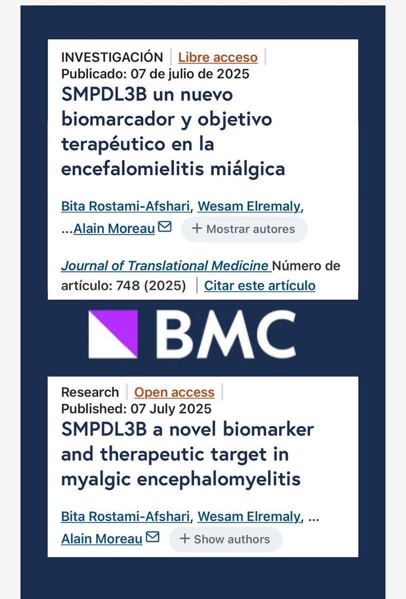 🚨“SMPDL3B, un nuevo biomarcador y objetivo terapéutico en la encefalomielitis miálgica"🚨

👨‍🔬El equipo del Centro Colaborativo de OMF (Open Medicine Foundation) en Montreal estudia esta molécula SMPDL3B (esfingomielina fosfodiesterasa similar al ácido 3B) como nueva diana 
🧵👇