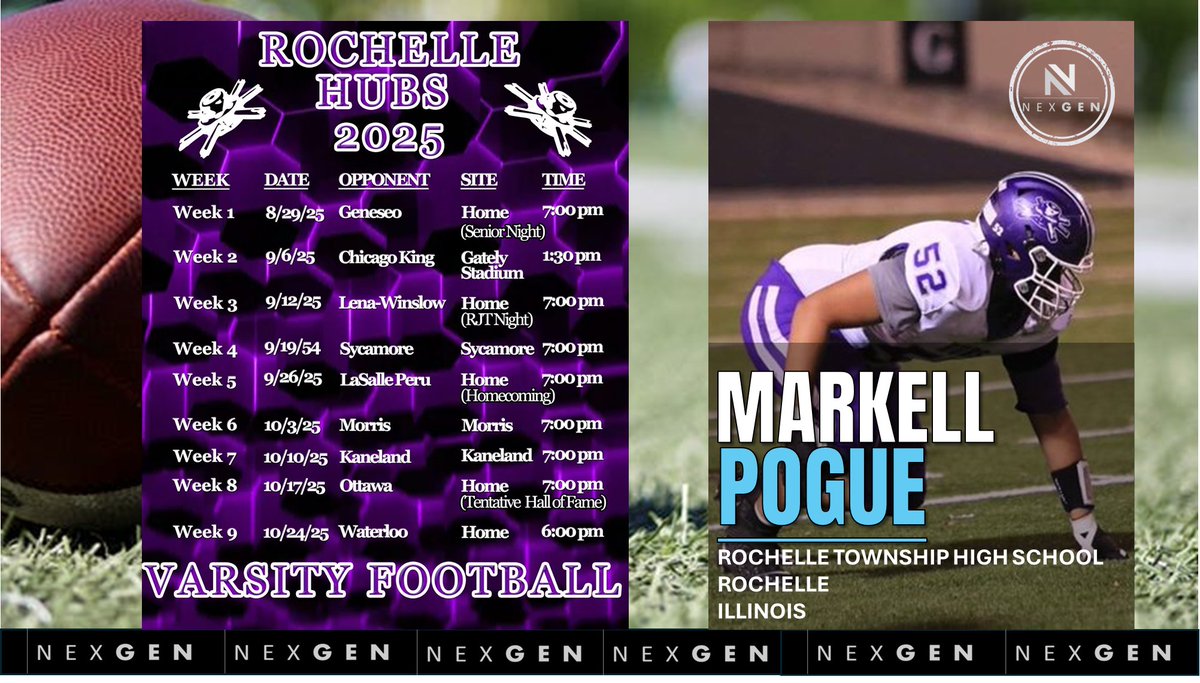 nexgenscouting's tweet image. ➡️2025 Friday Night Lights
✅2026 DE/G Markell Pogue @PogueMarkell
✅Rochelle Township HS @RTHS_Football
Rochelle (IL)
8/29 Geneseo
9/6 Chicago King at Gately Stadium
9/12 Lena-Winslow
9/19 at Sycamore
9/26 LaSalle-Peru
10/3 at Morris
10/10 at Kaneland
10/17…