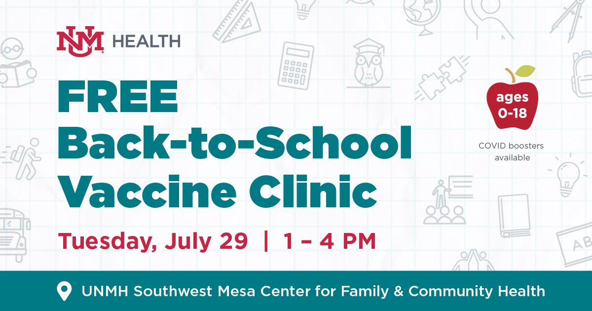 UNM Hospital (@unmhospital) on Twitter photo Back-to-school is almost here! 🎒 Our FREE vaccine clinic is tomorrow, July 29, from 1–4 p.m. for kids ages 0–18. No appointment or insurance needed — just bring past shot records if they’re not from UNM. Back-to-school is almost here! 🎒 Our FREE vaccine clinic is tomorrow, July 29, from 1–4 p.m. for kids ages 0–18. No appointment or insurance needed — just bring past shot records if they’re not from UNM.