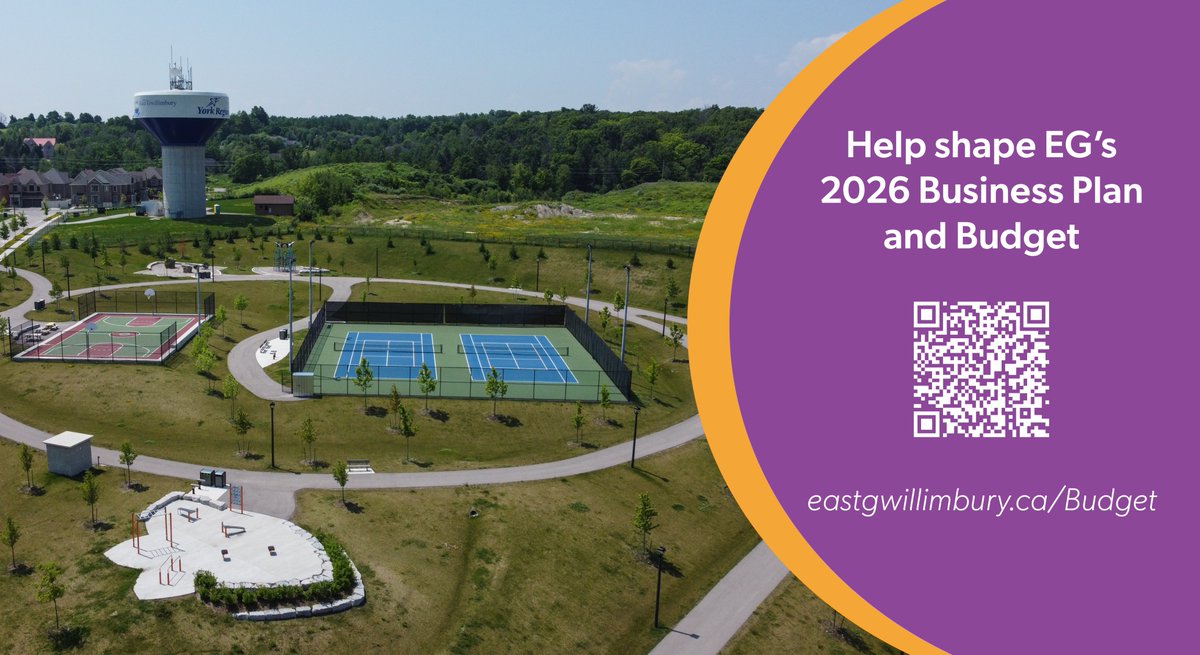 East Gwillimbury (EG) is inviting residents and businesses to share their feedback through the 2026 Business Plan and Budget survey, now available online or in person at EG Customer Service locations. Learn more at bit.ly/4kXoE0z.
