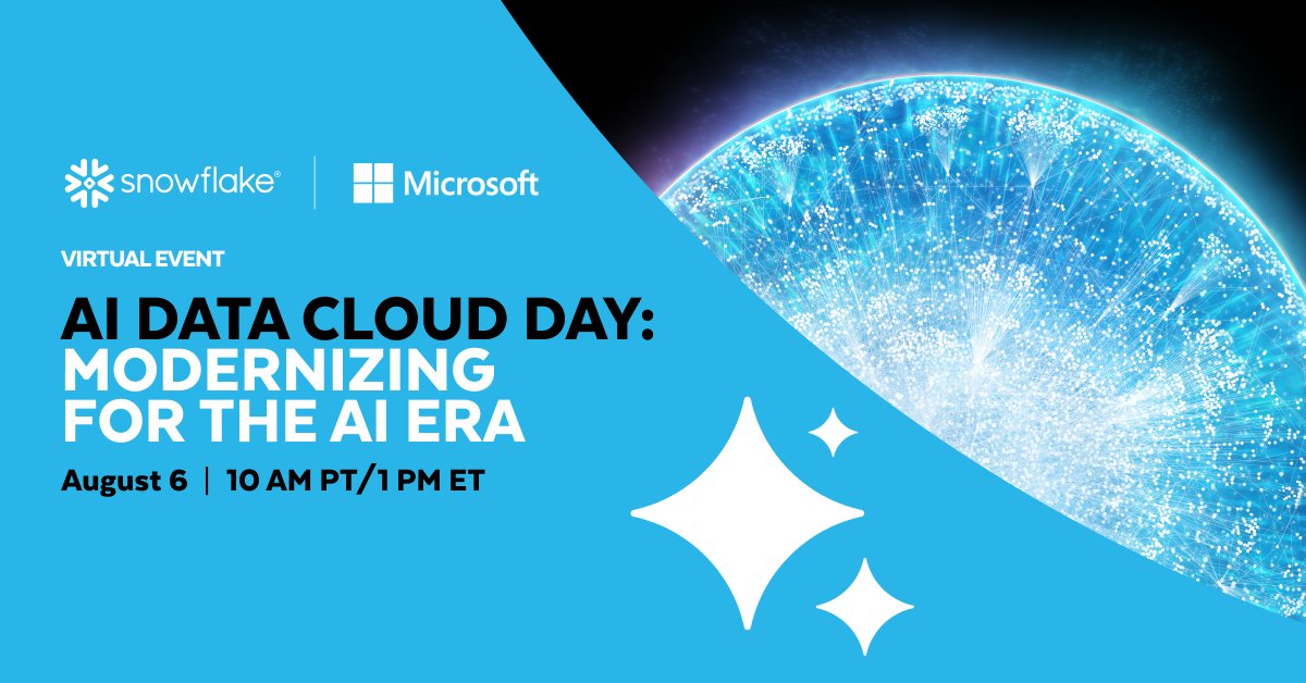 Is your data ready for the AI revolution? 🤖 Don't miss AI Data Cloud Day on August 6th! 

This virtual event brings exclusive Snowflake Summit content to enterprise data architects and tech leaders. You’ll dive into sessions from companies like Guitar Center, Mastercard, LSEG,