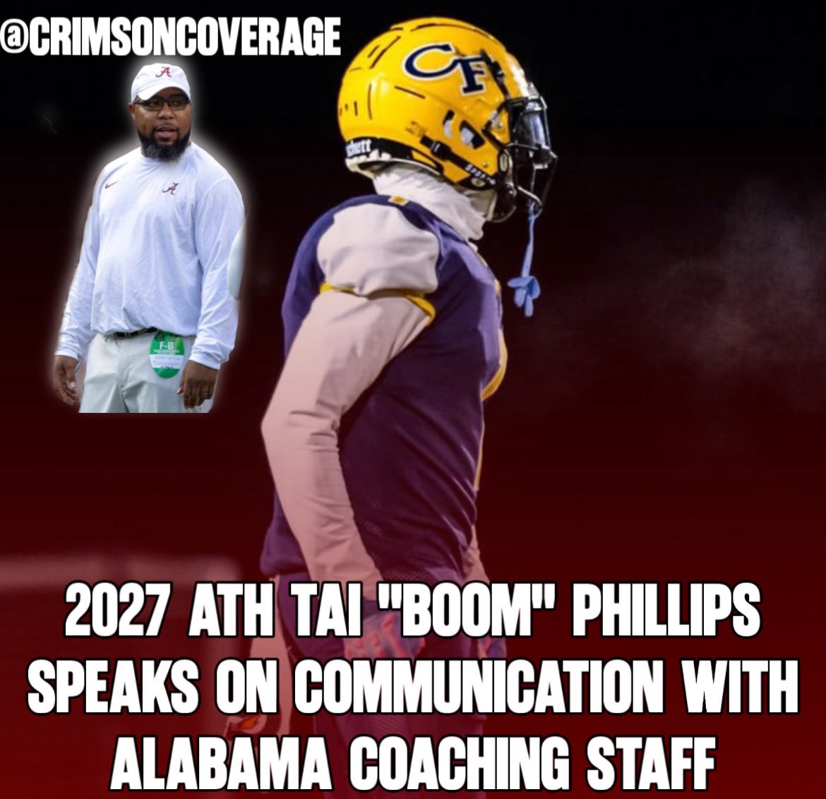 Crimson Coverage (@crimsoncoverage) on Twitter photo 2027 ATH Tai “Boom” Phillips (<a href="/taiphillips_1/">Tai “Boom” Phillips</a>) recently spoke with me about his line of communication with the Alabama coaching staff.
“I’ve been talking to Coach Gillespie and Logan Mooney recently and it’s been great keeping in touch with them both for sure.”
Phillips is one 2027 ATH Tai “Boom” Phillips (<a href="/taiphillips_1/">Tai “Boom” Phillips</a>) recently spoke with me about his line of communication with the Alabama coaching staff.
“I’ve been talking to Coach Gillespie and Logan Mooney recently and it’s been great keeping in touch with them both for sure.”
Phillips is one