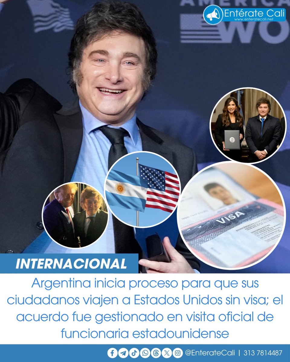 EnterateCali's tweet image. Argentina inicia el proceso para ingresar al programa de exención de visa de Estados Unidos, lo que permitiría a millones de argentinos viajar sin necesidad de visado. 🇦🇷✈️🗽
Este avance se dio durante la visita de la funcionaria estadounidense Kristi Noem a Buenos Aires, donde…