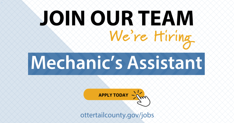 Otter Tail County is seeking a full-time Mechanic's Assistant to join our team! Apply today! ottertailcounty.gov/jobs