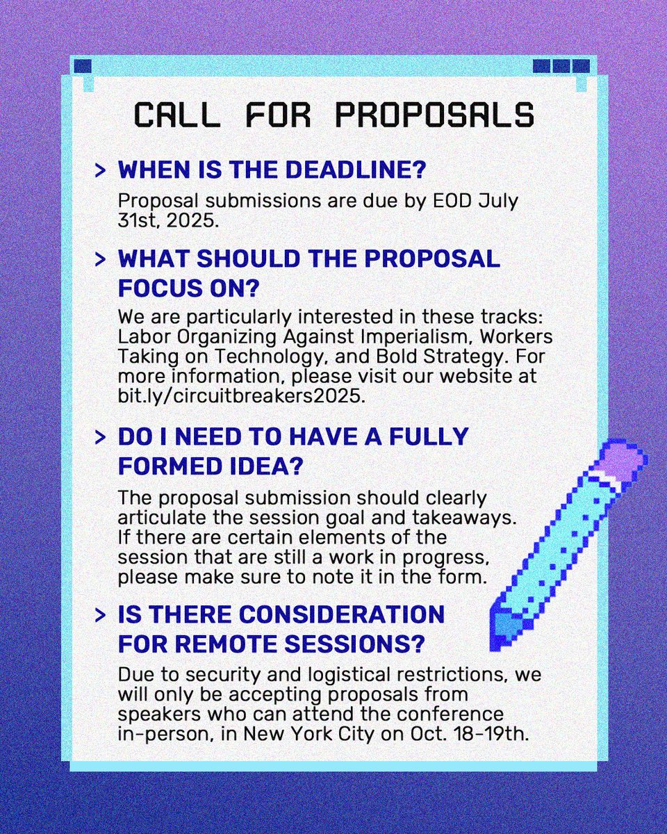 techworkersco's tweet image. Circuit Breakers 2025 is still accepting session proposals! Get your submission in by EOD July 31st to be considered 💫

Swipe to see our FAQs &amp;amp; if you have any additional questions, don’t hesitate to reach out to the team at conf(at)techworkerscoalition.org 🌱