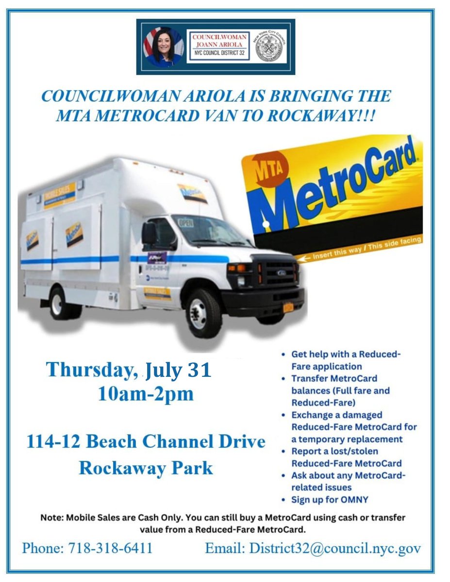 𝐈'𝐦 𝐛𝐫𝐢𝐧𝐠𝐢𝐧𝐠 𝐚 𝐌𝐞𝐭𝐫𝐨𝐜𝐚𝐫𝐝 𝐯𝐚𝐧 𝐭𝐨 𝐑𝐨𝐜𝐤𝐚𝐰𝐚𝐲!!

Join me THIS THURSDAY (July 31) to get help with reduced fare metrocards, transfer balances, and more! See the flyer below for more information!