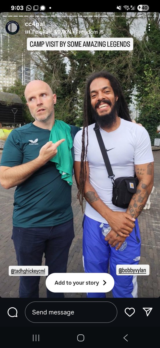 Annoyed to bump into <a href="/BobbyVylan/">Bob Vylan</a> at the amazing <a href="/cc4pal/">Community Camp 4 Palestine</a> today. The women got considerably more excited about him turning up than me.

PS. Get down and support the 24/7 camp outside the US Embassy. Every bloodthirsty US Embassy should be similarly picketed 🇵🇸👊