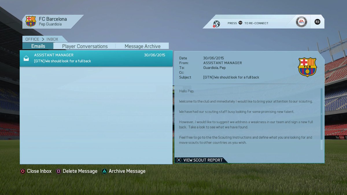 CMG_LFC82's tweet image. Another cool feature from an old FIFA/FC game that you don't see anymore, an email from the Assistant Manager saying we need to address a weakness in the squad &amp;amp; sign a new full back...

It's little things like this that add depth to Career mode!

#FIFA16 #Careermode