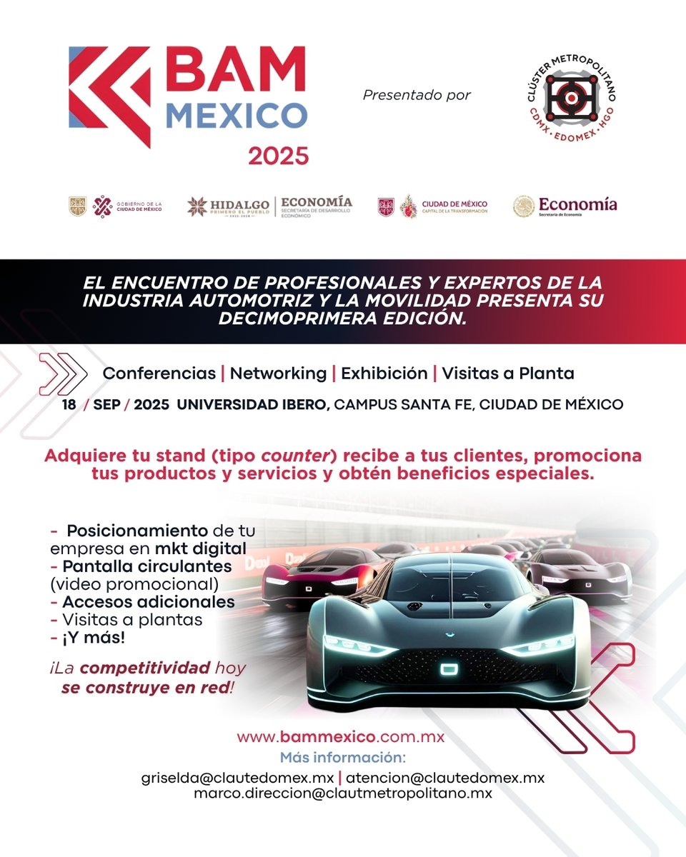 ✨🚘 Sé protagonista en el BAM México 2025 ✨
📅 18 de septiembre | Universidad Iberoamericana, Santa Fe, CDMX

🔹 Invierte desde $30,000 MXN y conecta con quienes mueven la industria.
🚀 Asegura tu stand hoy y coloca a tu marca en el centro de la innovación