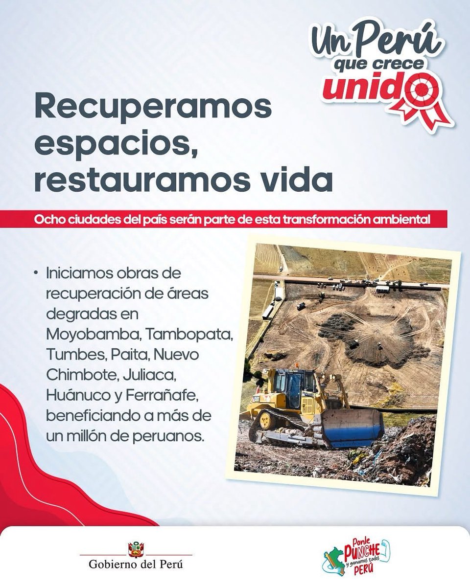 🚜🌱 ¡Transformamos espacios olvidados en nuevas oportunidades para todos! Con obras de recuperación ambiental, llevamos bienestar a miles de familias en diversas regiones del país. #UnPerúQueCreceUnido 💚🇵🇪