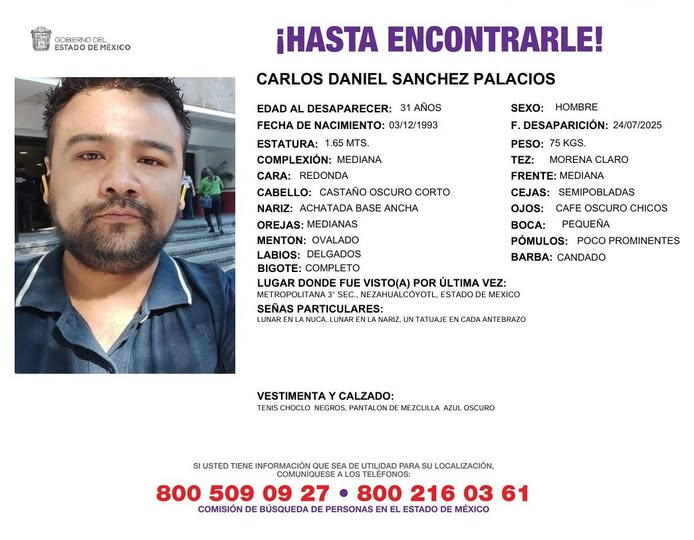 Solicitamos de tu apoyo en difusión para dar pronta localización a Carlos Daniel Sánchez Palacios, comunícate a los teléfonos de COBUPEM 800 216 0361, 800 509 0927. #TodosEnLaBúsqueda