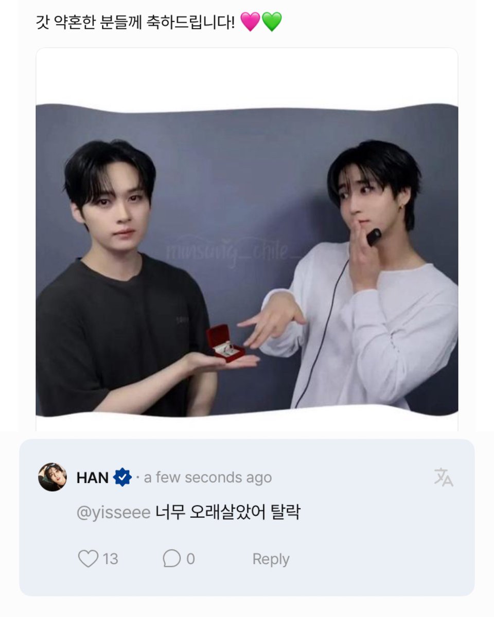 💬: [pic of hyunjin proposing han] jisung-ah, do you want to be proposed?
🐿: your hand is empty, you're out

💬: [pic of leeknow proposing to han] congratulations to the newly engaged couple! 🩷💚
🐿: you've lived too long, you're out