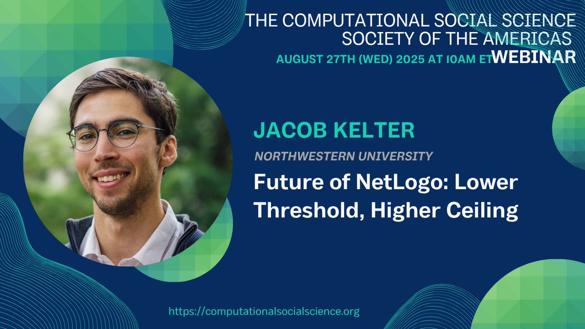 Join us for our August webinar! We are speaking to Dr. Jacob Kelter, the director of the new NetLogo Center at Northwestern University, about Future of NetLogo: Low Threshold, High Ceiling on Wednesday, August 27, at 10 am (ET). Register here: …onalsocialscience.us9.list-manage.com/track/click?u=…