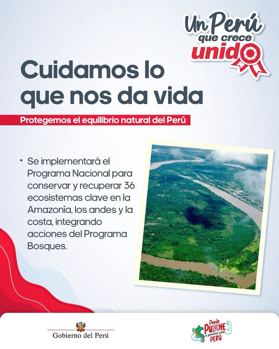 🌿 La protección de nuestros ecosistemas es clave para garantizar agua, aire puro y vida para todos. Desde la #Amazonía hasta la costa, trabajamos unidos por un país más resiliente y verde. #UnPerúQueCreceUnido 🇵🇪💧🌱
