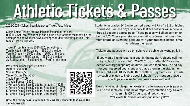 Get ready for the season — whether you're cheering for one game or all of them, we've got your access covered!
Single game ticket and all seasons sports pass details below! #GoZeps 🟢